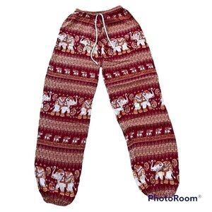 𝅺baggy lounge wear pants with multicolored elephant pattern, elastic waist